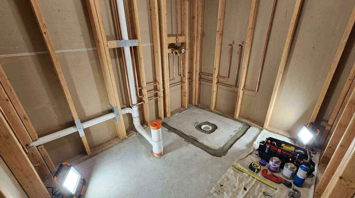 Bathroom rough-in plumbing during remodel by Johns Plumbing LLC in Keedysville