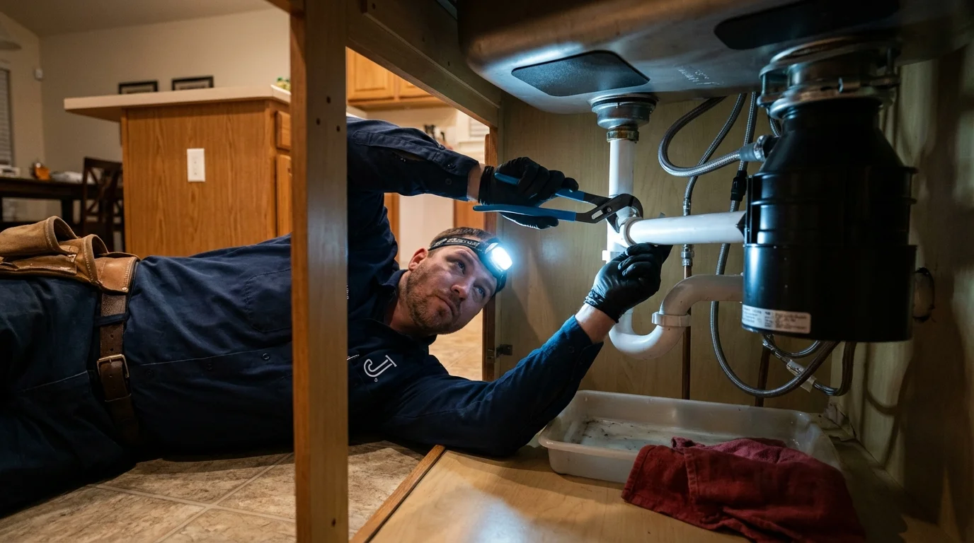 P-trap and supply line connections under a kitchen sink showing a common leak point in Keedysville, MD